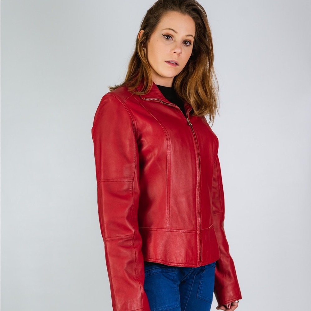 ANDREW MARC NEW YORK RED LEATHER ZIP UP JACKET - Picture 3 of 6